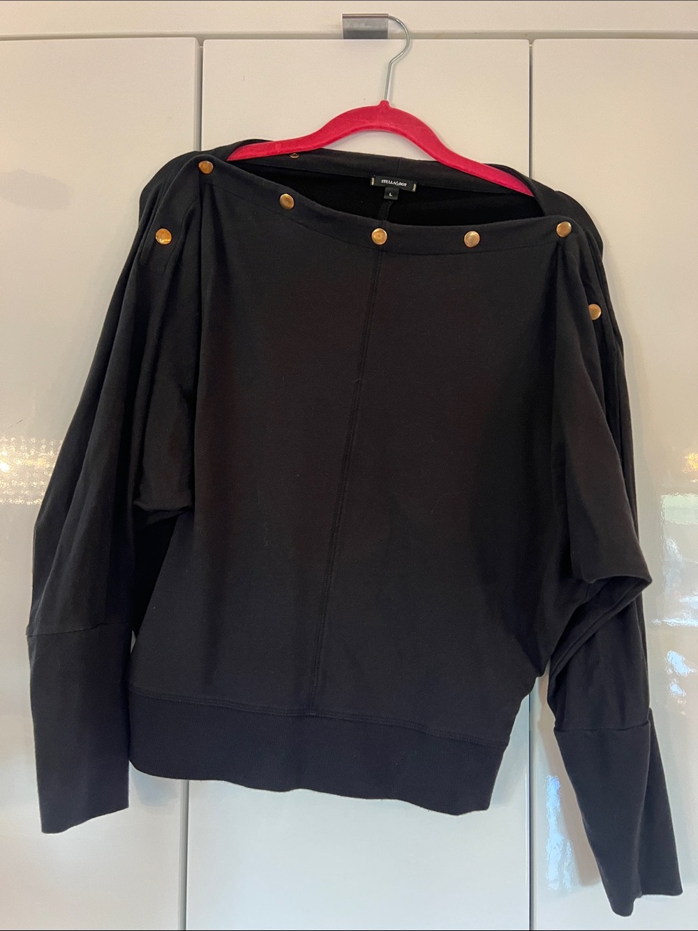 Stella & Dot Black Off-the-Shoulder Sweater with Gold Buttons